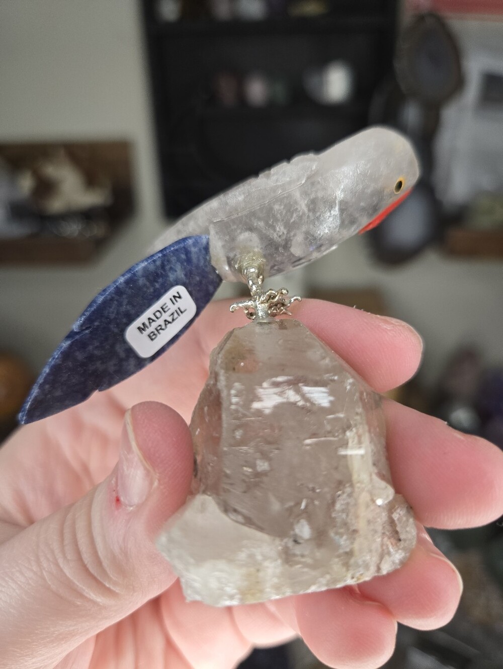 Clear Quartz & Sodalite Parrot Bird Carving On Smoky Quartz Base - Picture 5 of 6